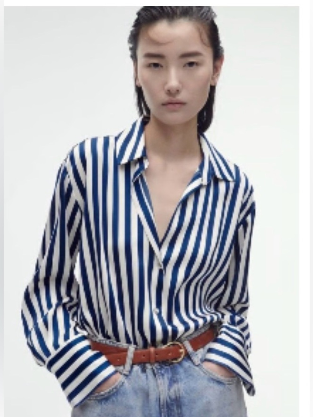 NWT ZARA Flowy Satin Effect Button Down Blouse Cobalt/White Stripe XS
